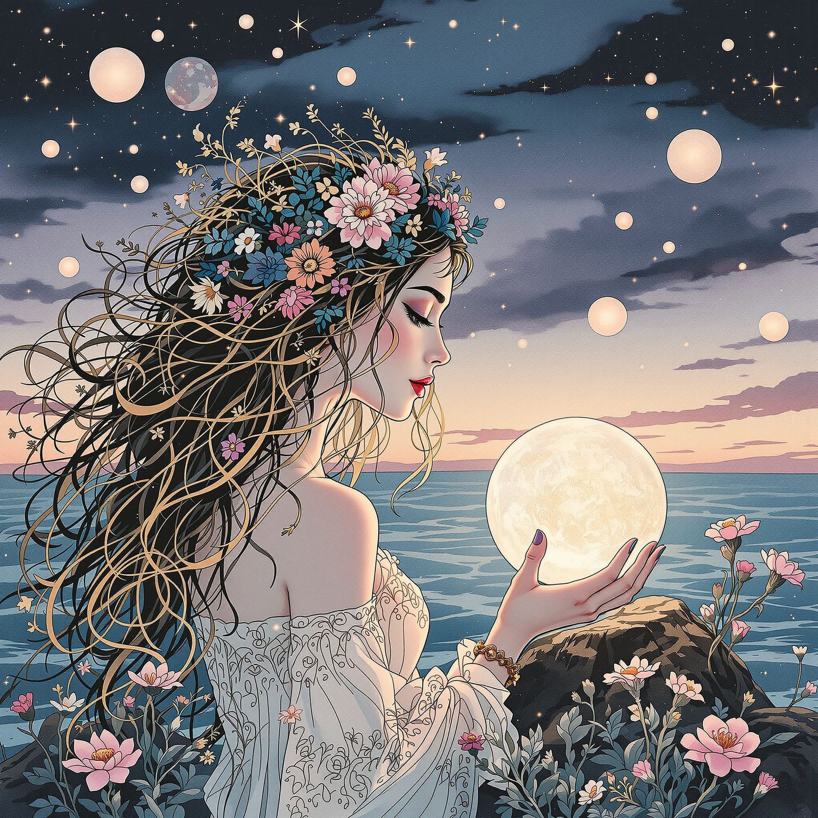 Ethereal Bohemian Woman Gazes into Crystal Ball