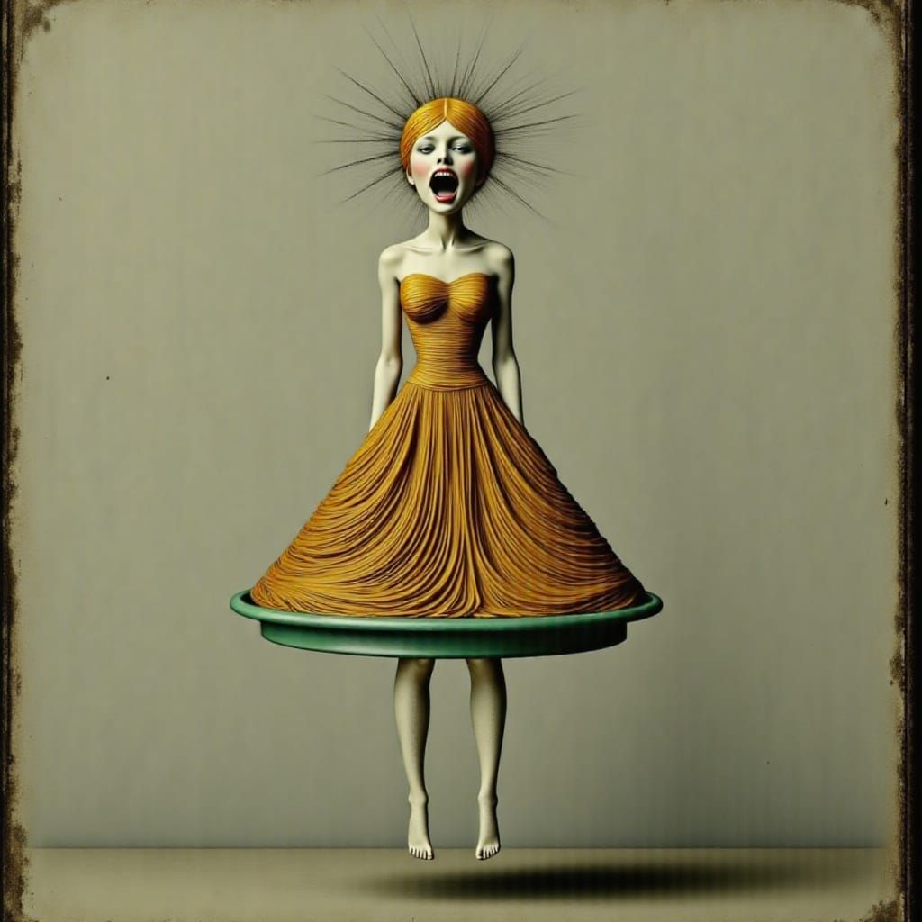 Surreal Spaghetti Dress Woman on Vintage Plate