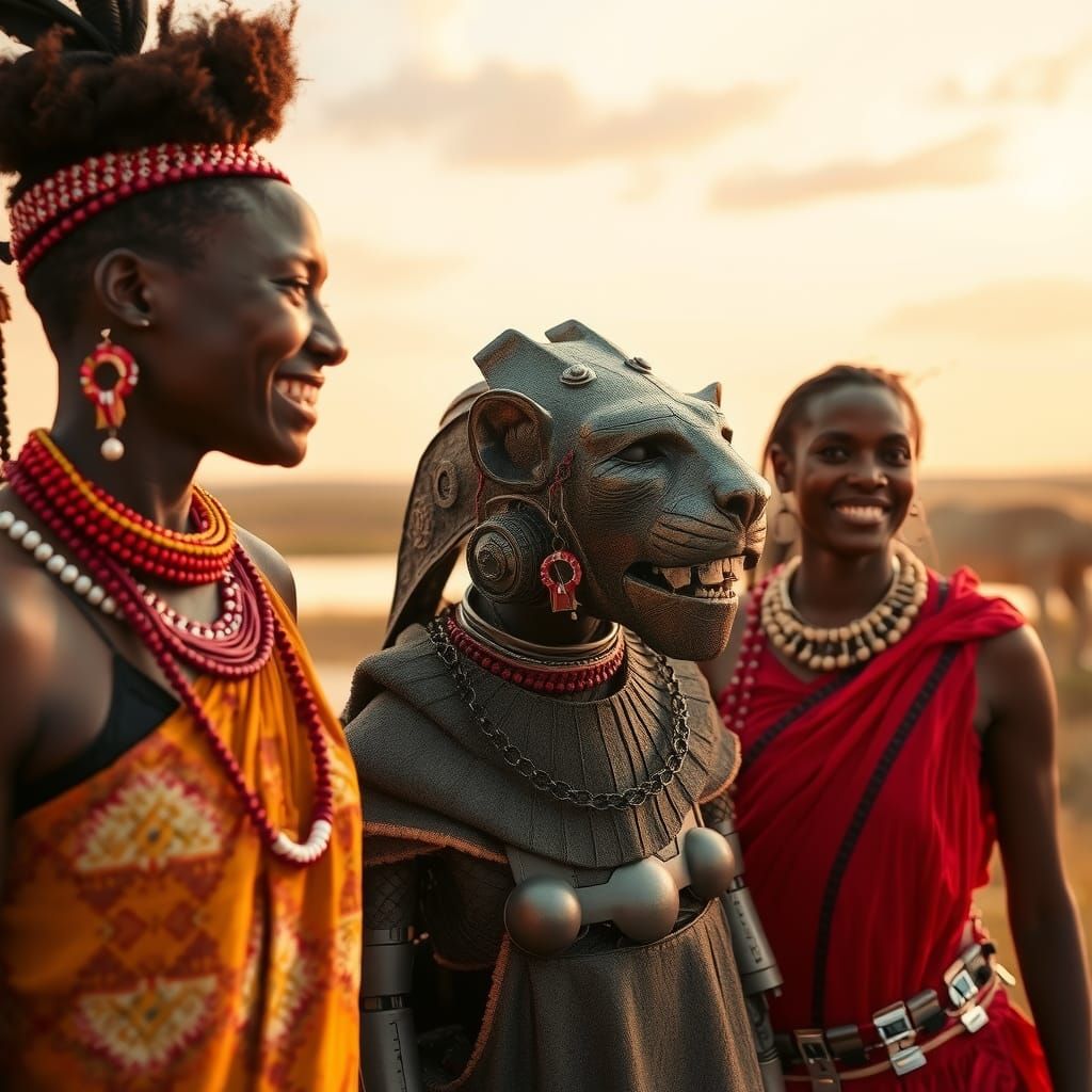 Masai Women with Cyborg Lion Headdress: Afrofuturism