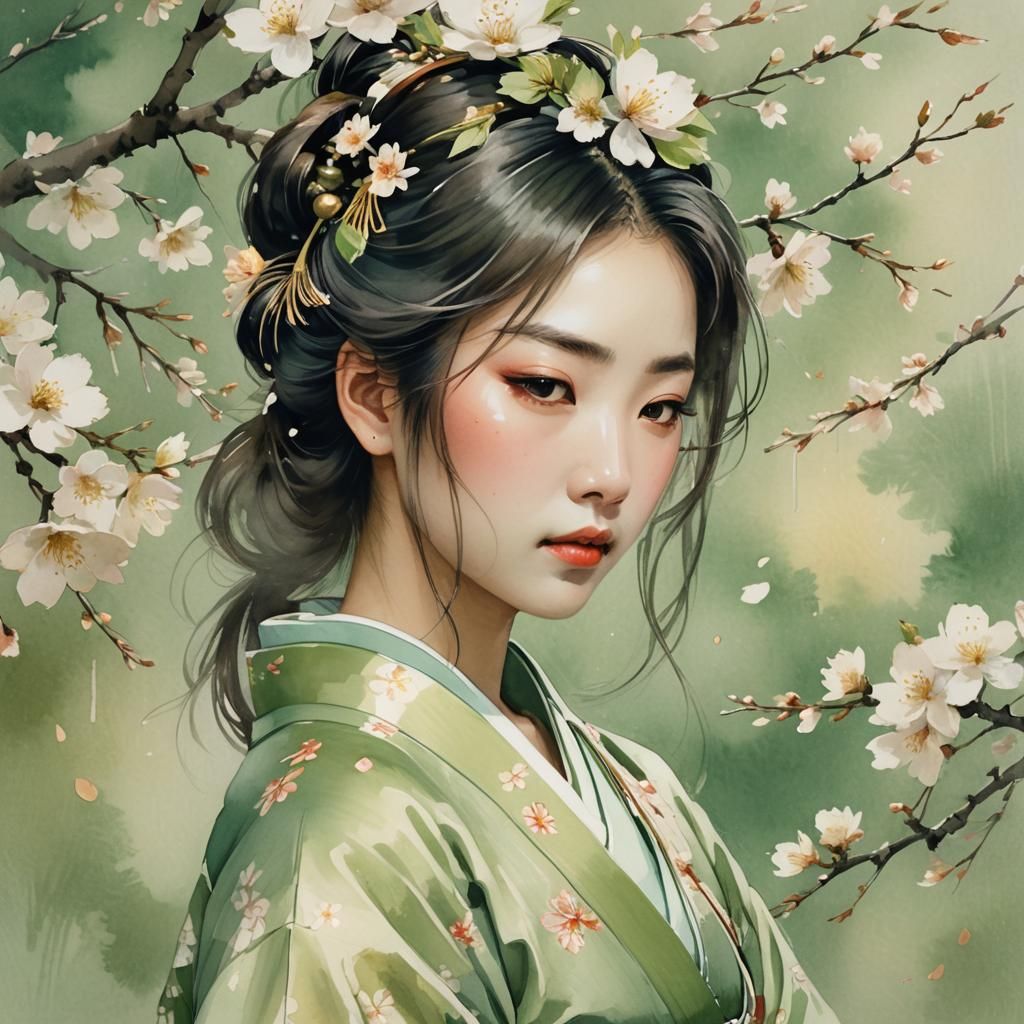 Japanese Girl Portrait in Ukiyo-e Watercolor Style