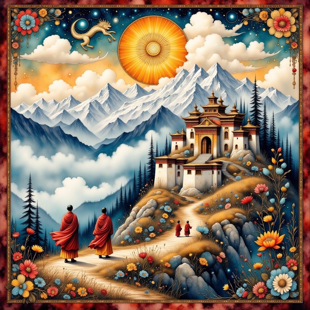 Tibetan Lha-Zo Painting in Antique Watercolor Style