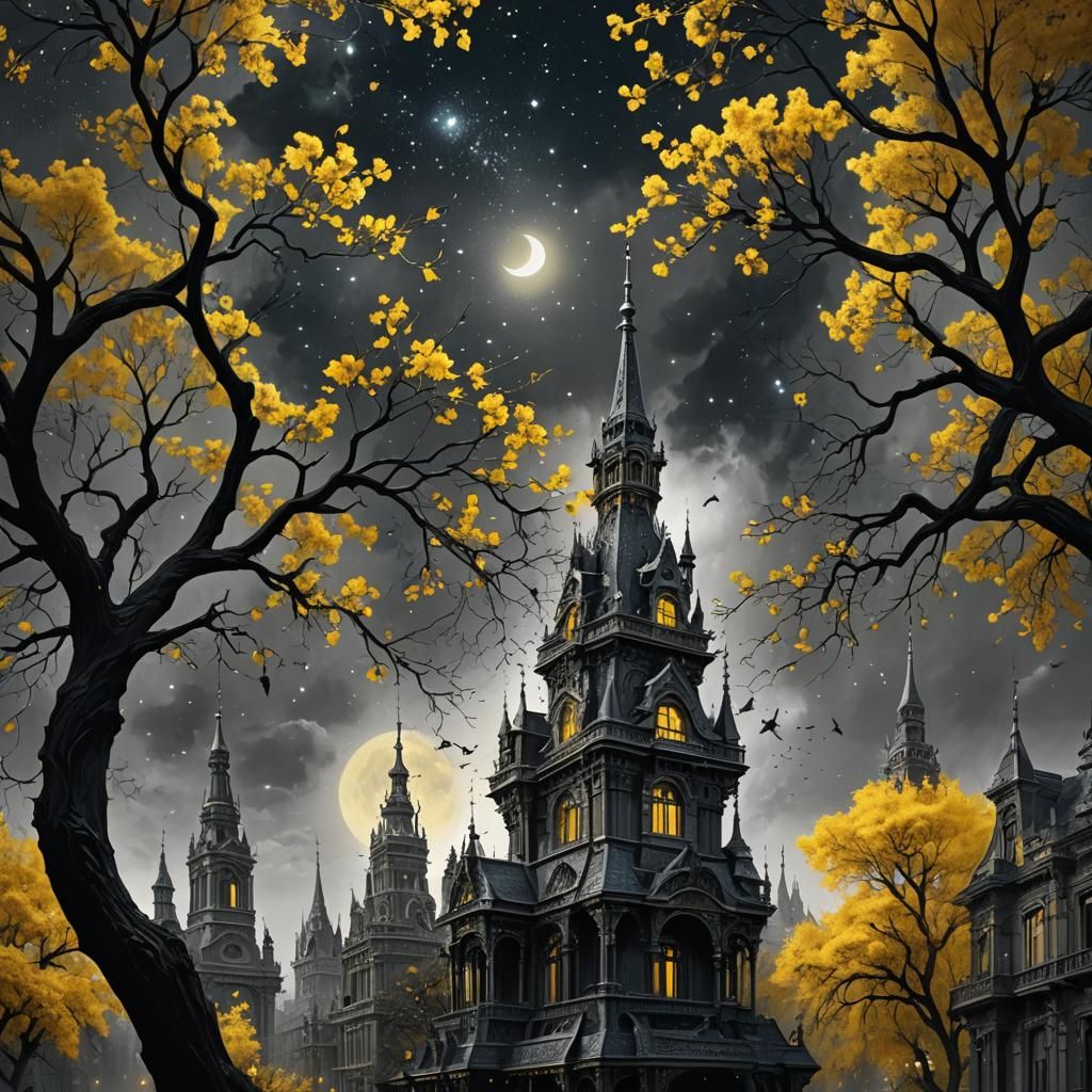 victorian city silhouette made of stars, looking up sky, orn...