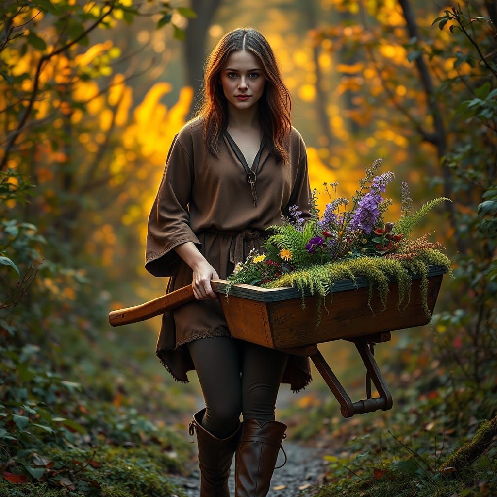 Woman in Forest Carting with Wildflowers and Ferns
