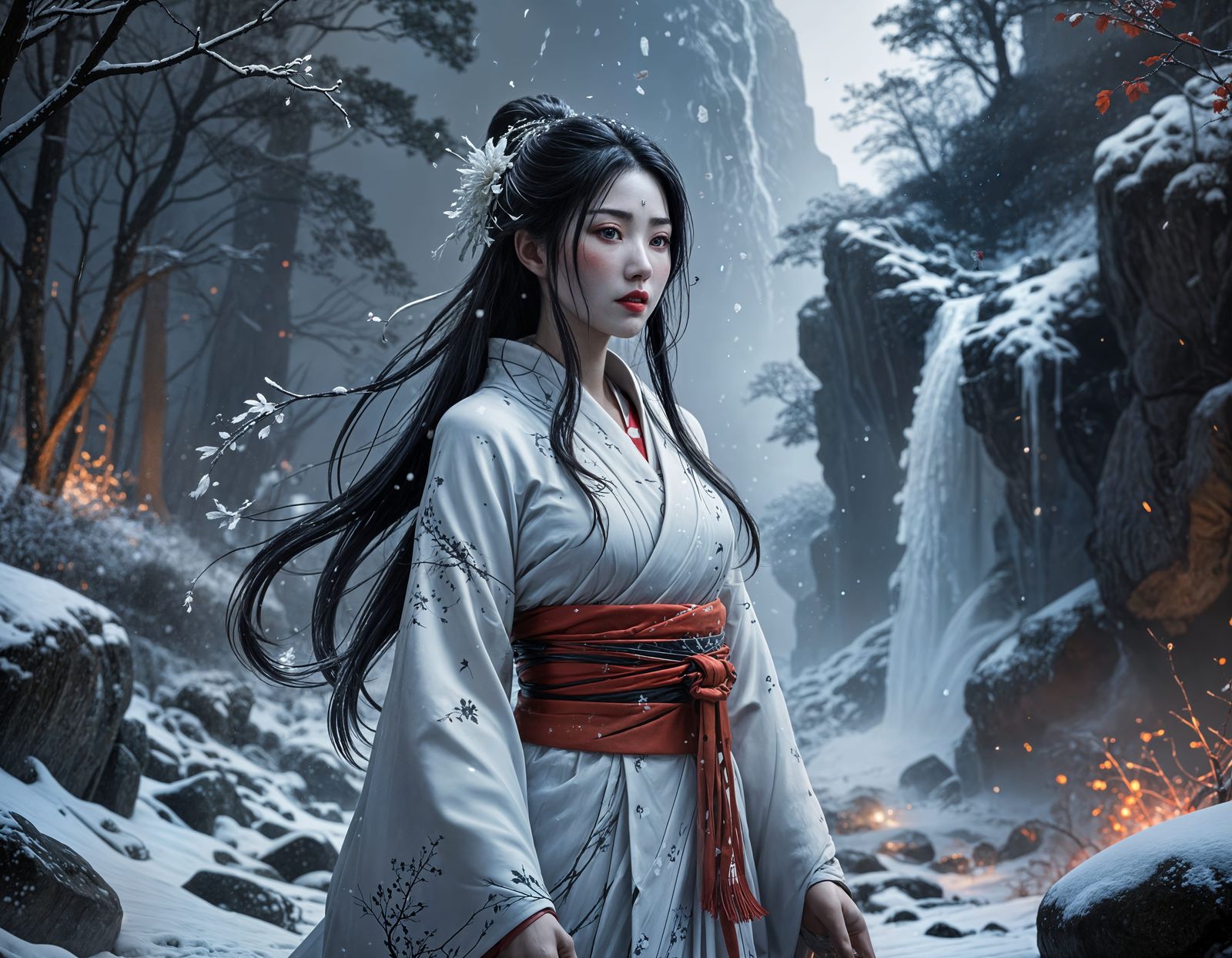 Ethereal Snow Demon in Dark Mountain Landscape