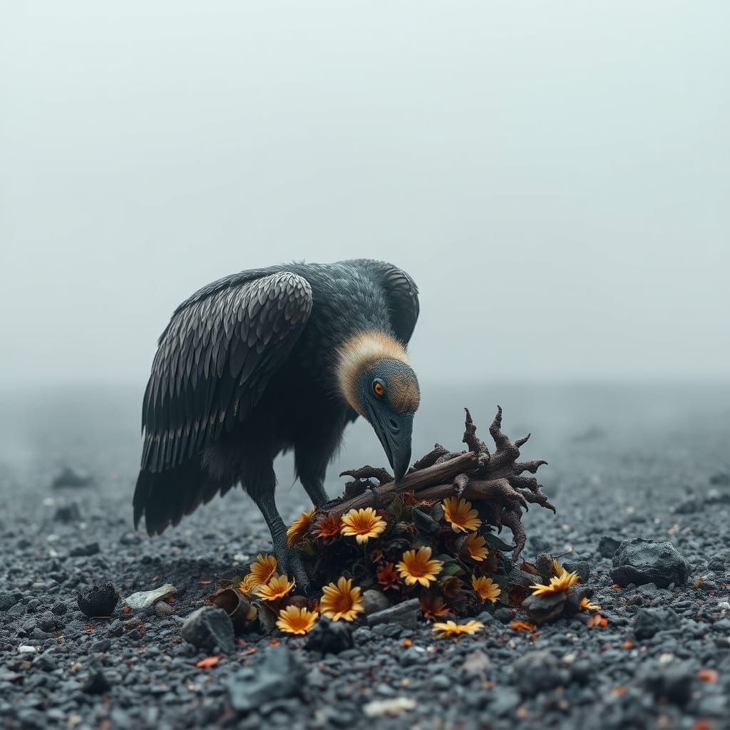 Vibrant Vulture in Ashy Expanse, Pecking at Decay with Pierc...