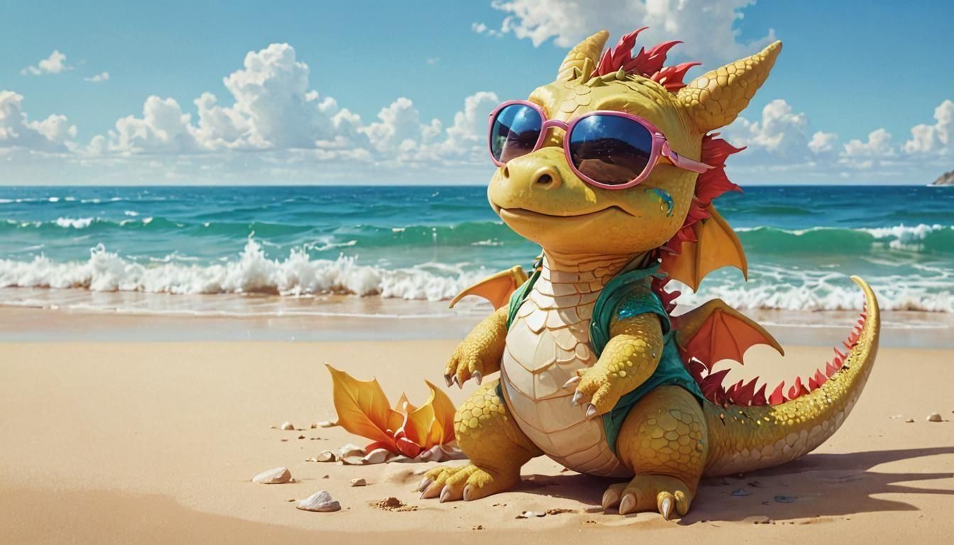 Cute Chibi Dragon Relaxing on Beach Vacation