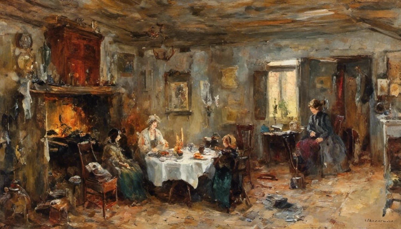 Cabin interior winter with roaring fire and small family at ...