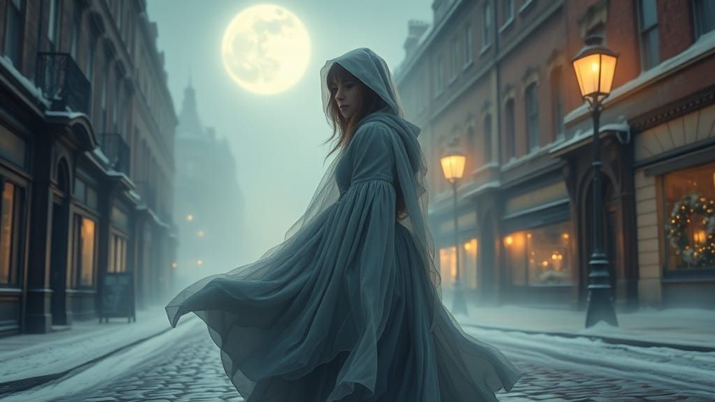 Ethereal Ghost of Christmas Past in Victorian London