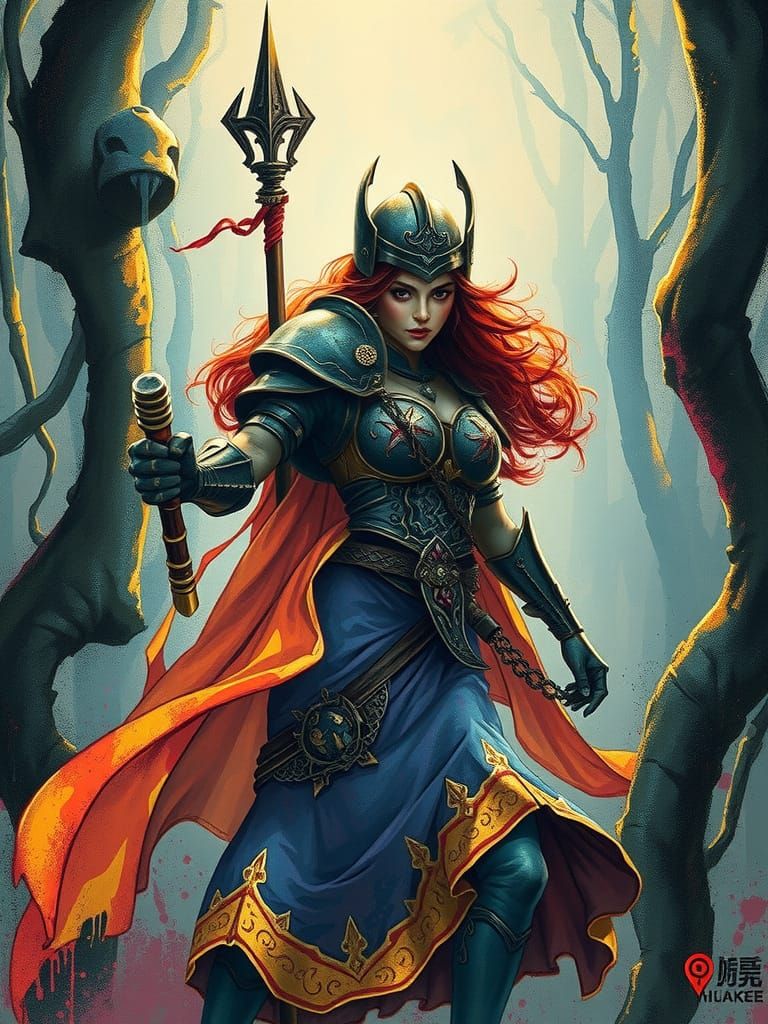 Warrior Princess in Mystical Landscape, Aquatint Style