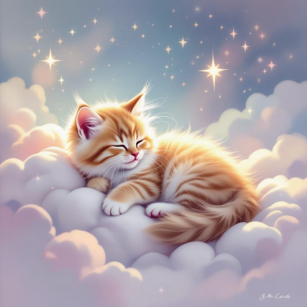 Dreamy Kitten on Cloud in Ethereal Watercolor Style