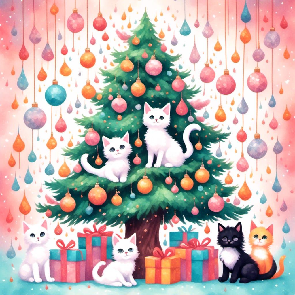 Pastel Christmas Tree with Playful Fuzzy Kittens