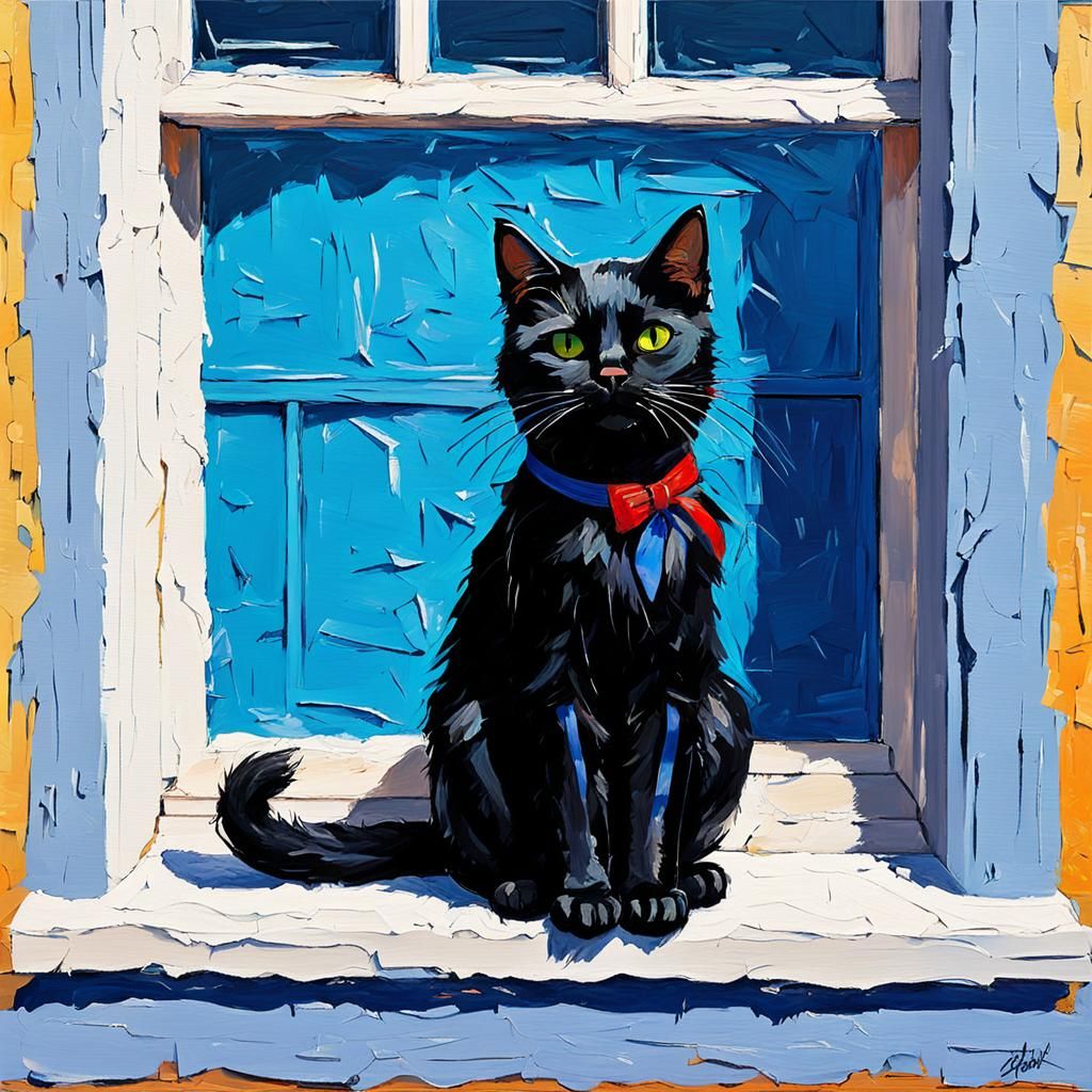 Black Cat with Ribbon in Expressionist Oil Painting