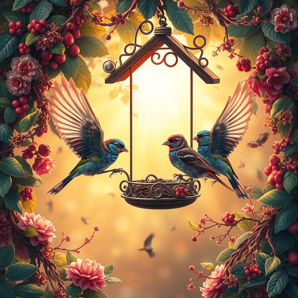 Sparrows in Fantastical, Lush Feeding Station