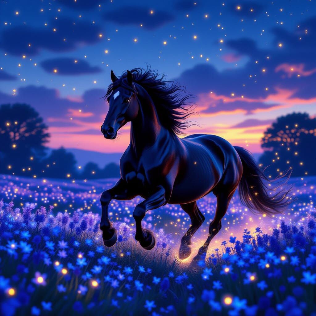 Friesian Horse Galloping Through Bluebells at Twilight