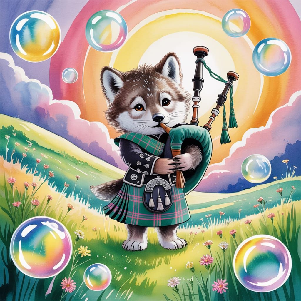 Wolf Cub Bagpiper in Psychedelic Sunset, Watercolor Painting