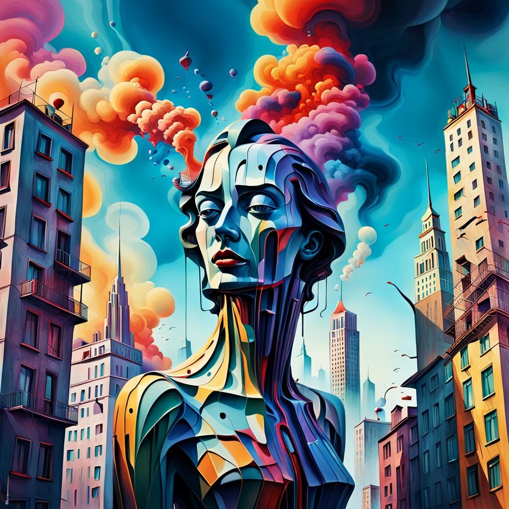 Surreal Melting Figure in Dreamlike Cityscape