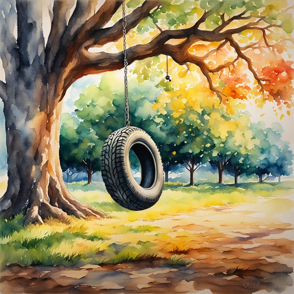 Nostalgic Tire Swing Watercolor Painting