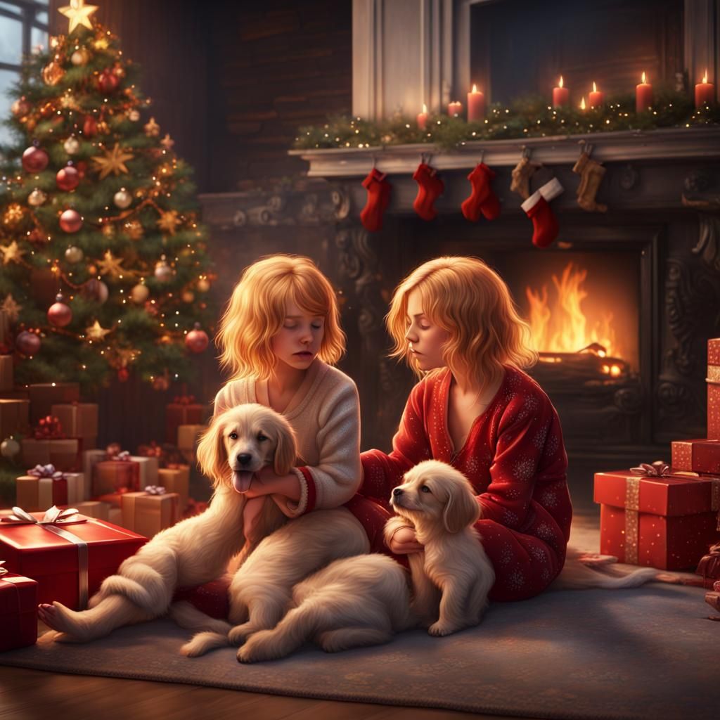 Puppies Playing by Fireplace with Girls: Fantasy Concept Art
