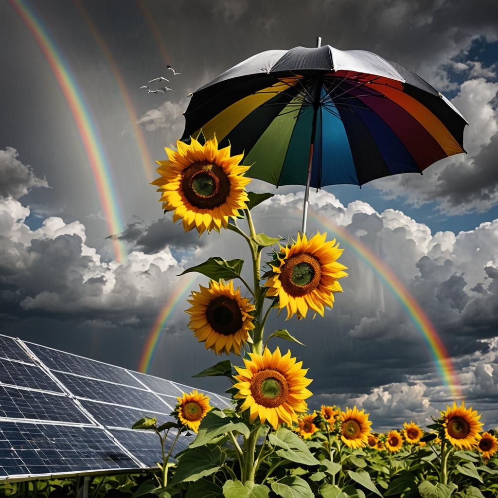 Surreal Sunflowers and Photovoltaic Umbrella Under Rainbow