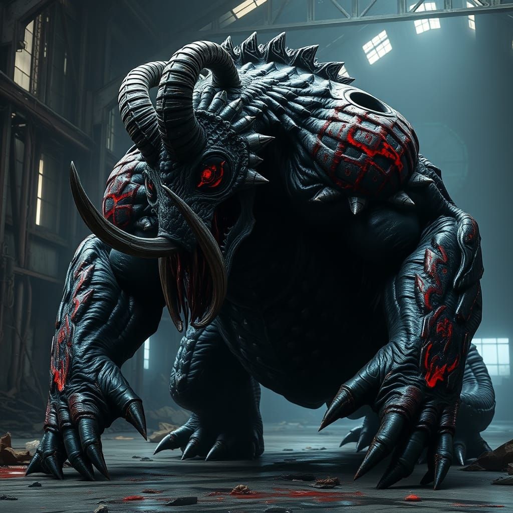 Gothic Horror Creature with Obsidian Skin and Crimson Scars