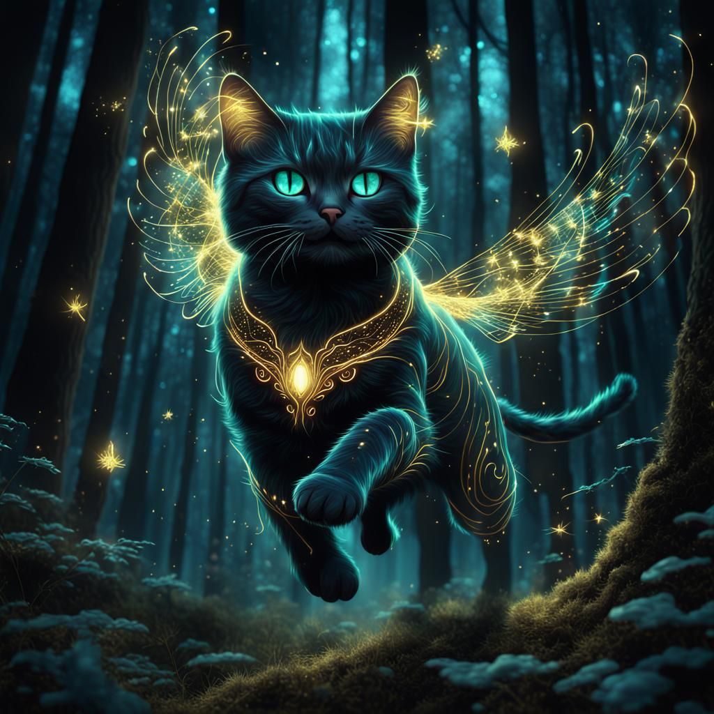 Magical Bioluminescent Cat Flying in Forest at Night