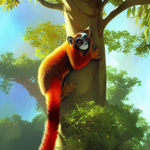 Red-Tailed Lemur in Baobab Tree: Hyperdetailed Concept Art