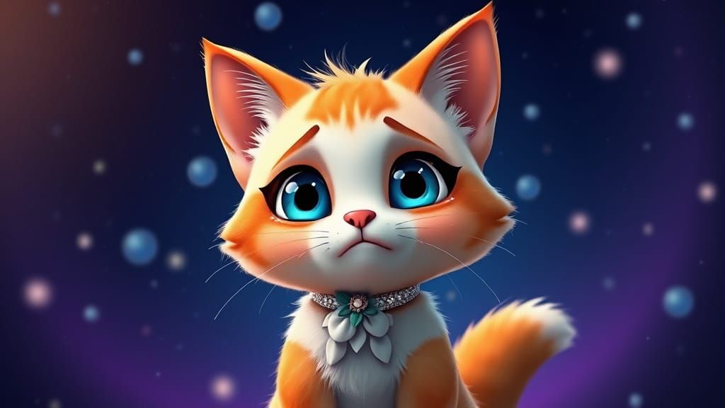 Sad Cartoon Cat in Starry Night, 3D Digital Art