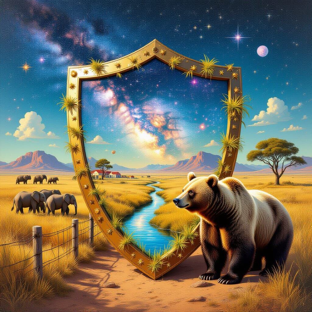 Surreal Ecosystem Shield Under Starry Galaxy