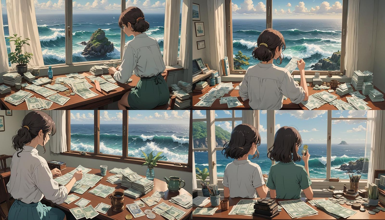 Studio Ghibli Girl Manages Finances by the Ocean