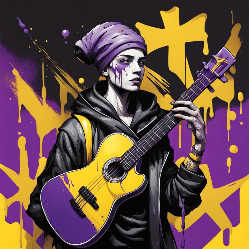 Androgynous Bard Holding a Colorful Flag in Graffiti Art