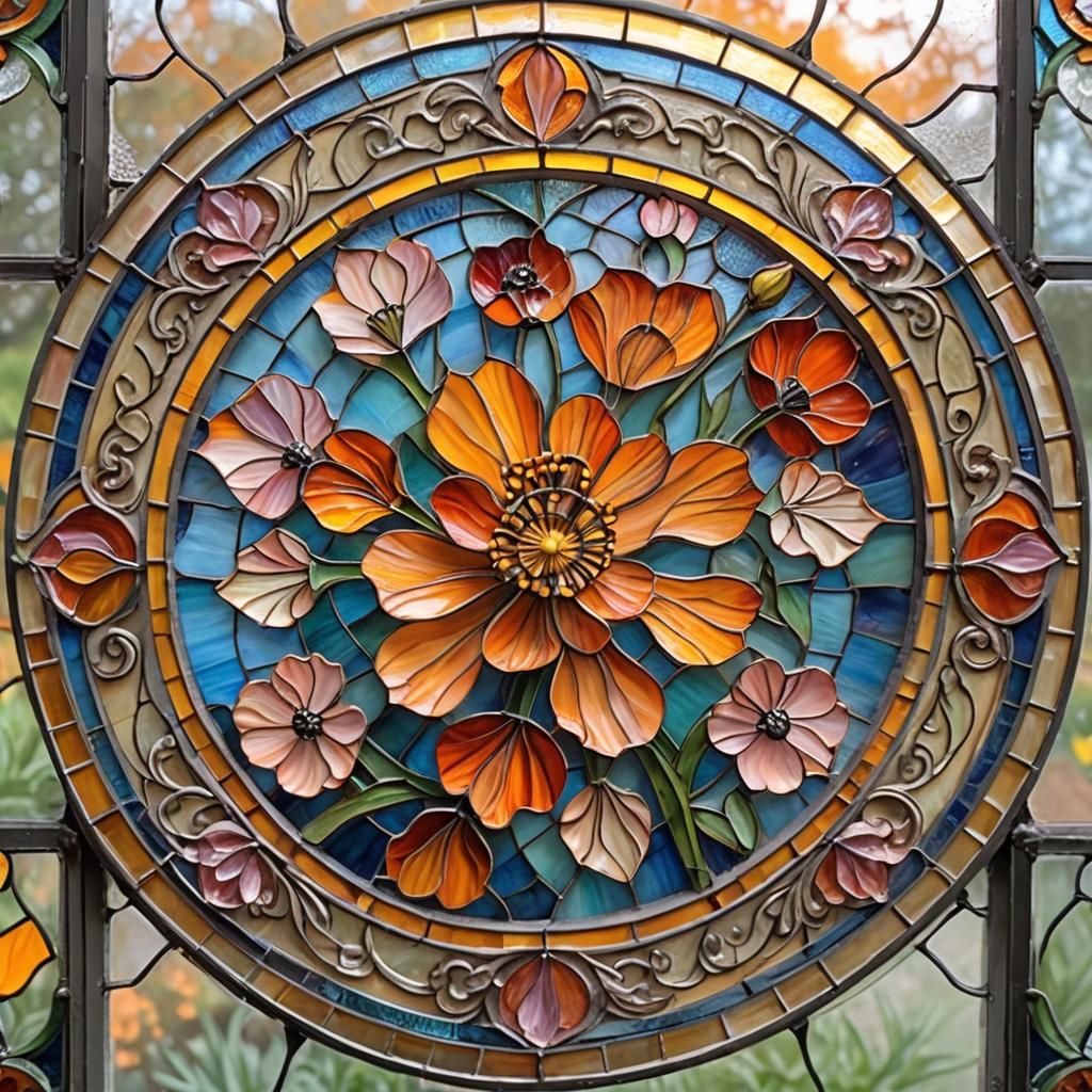 Stained Glass Persian Buttercup in Round Frame