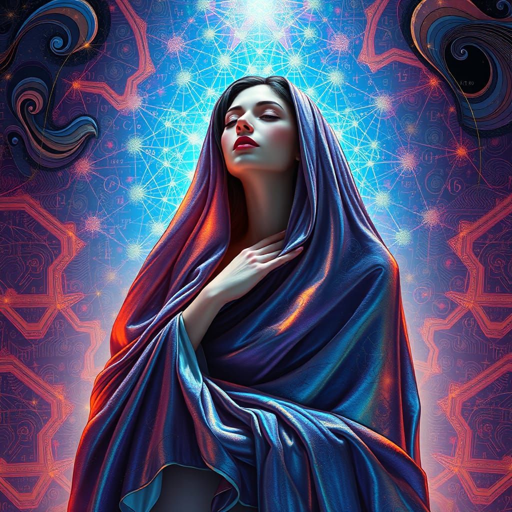 Mystical Woman Visualizing Geometric Equations in Surreal St...
