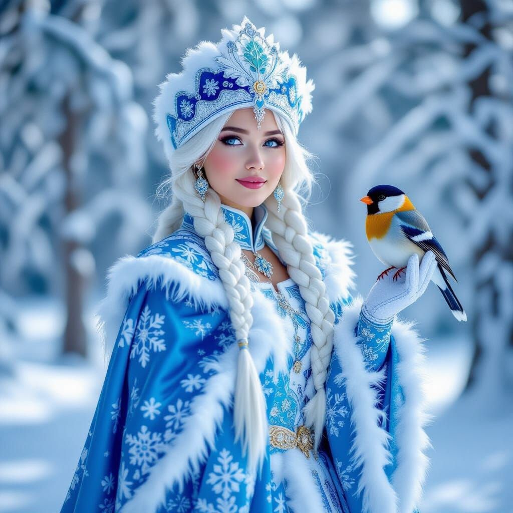 Snow Maiden in Magical Forest with Bullfinches and Fox