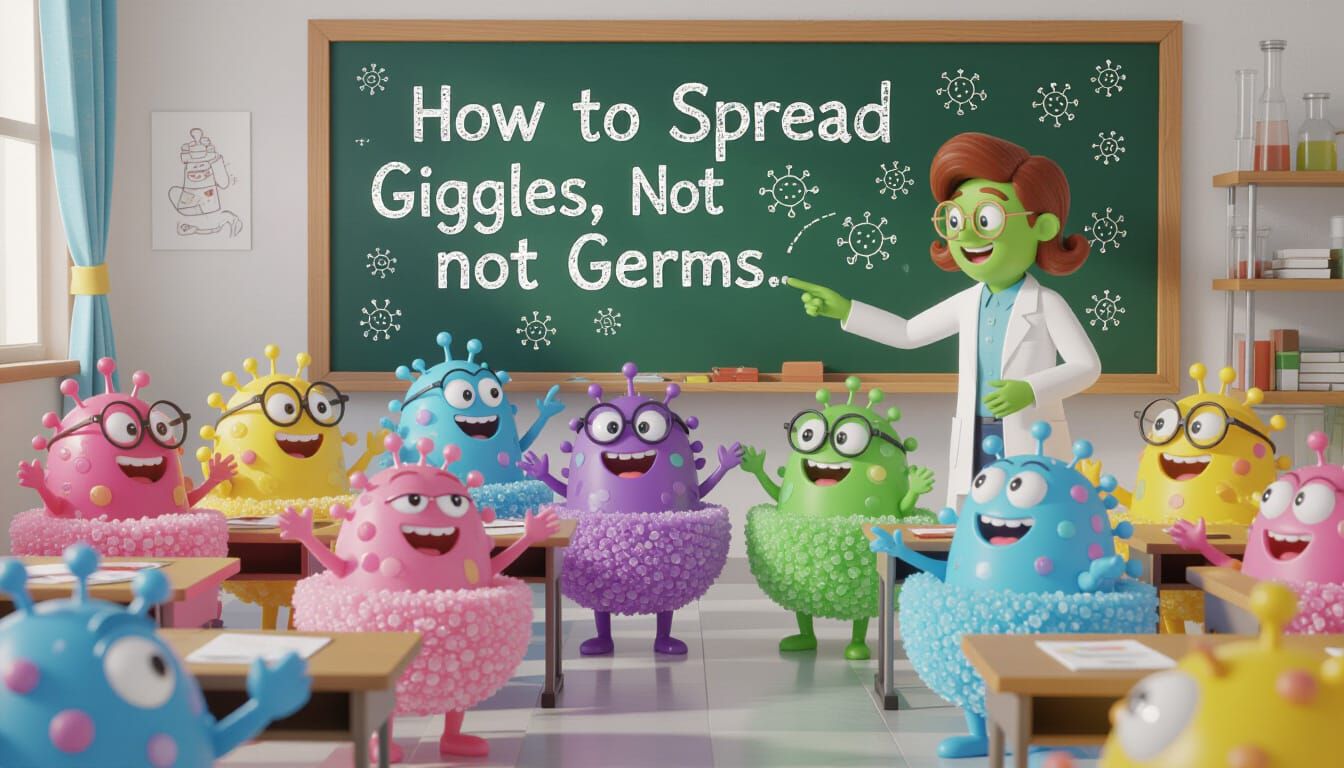 Adorable Cartoon Microbes in a Vibrant Classroom