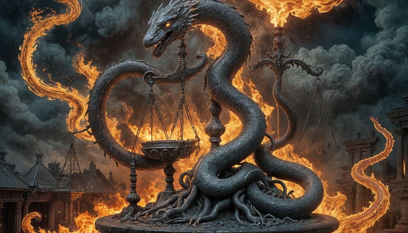 Serpent on Libra Scales in Dark Surrealism