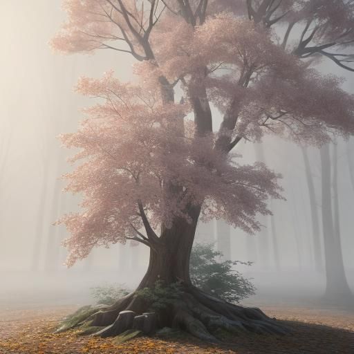 Frosty Autumn Oak Tree: Anime-Inspired Digital Art