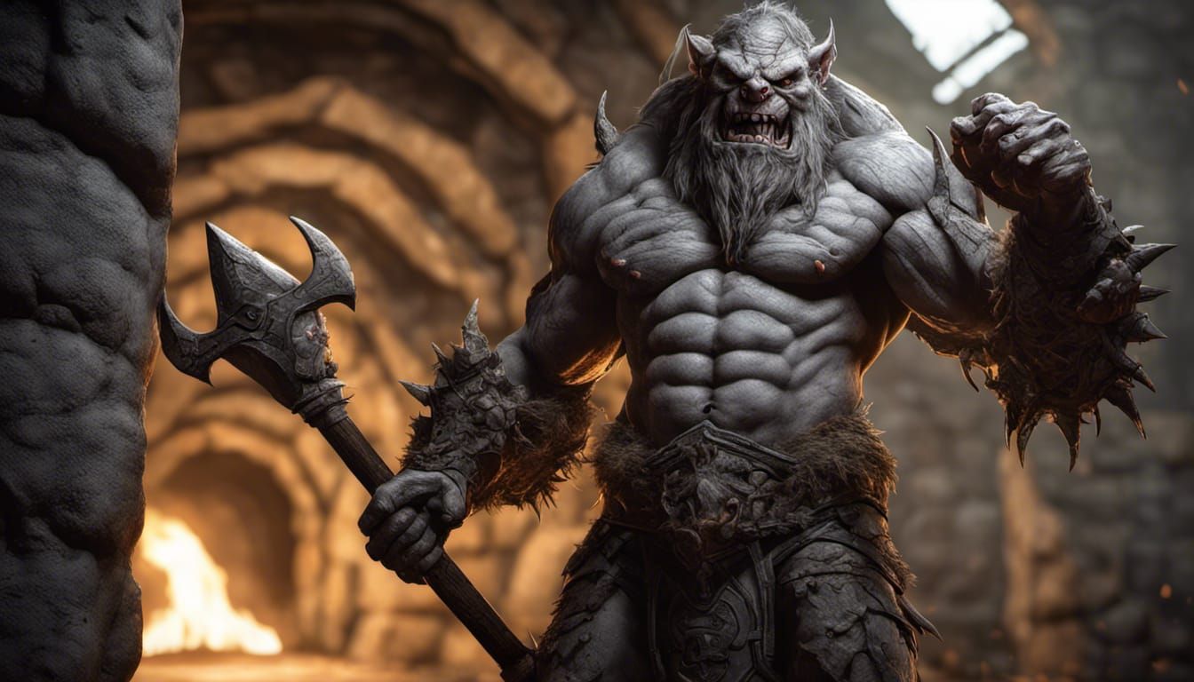 Detailed Grey Ettin with Spiked Flail