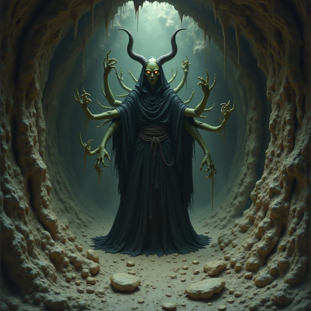 Menacing Green Demon in Dimly Lit Cave