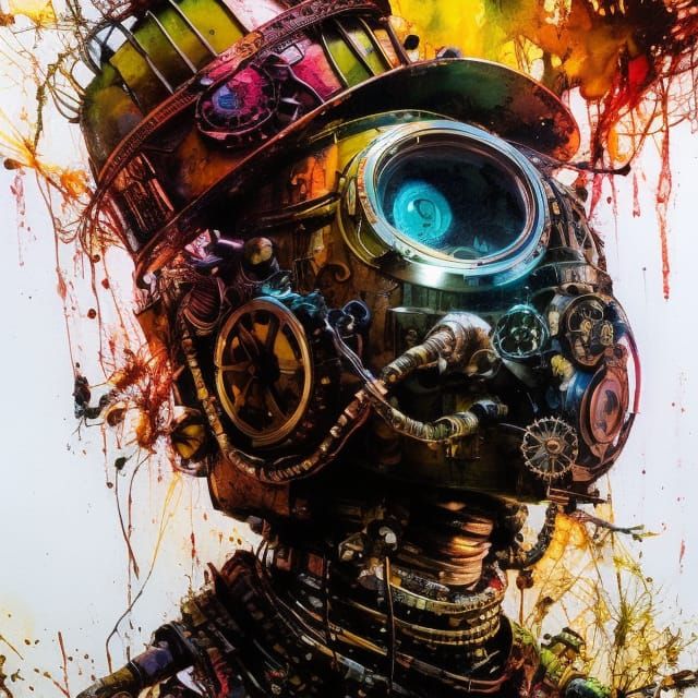 Steampunk Robot Portrait with Ink Splashes
