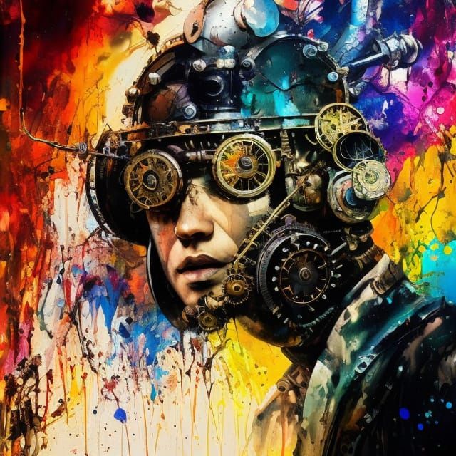 Steampunk Robot in Colorful Ink Splashes