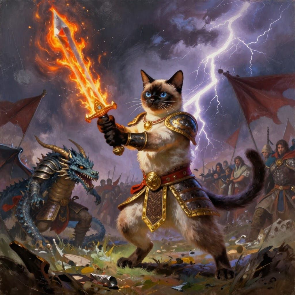 Siamese Cat Warrior Battles Dragon with Flaming Sword