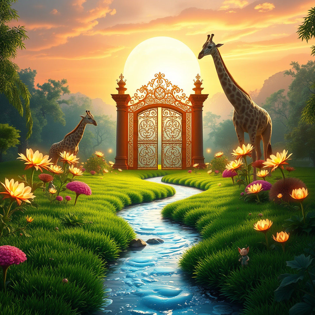 Dreamlike Garden with Giants and Golden Gate