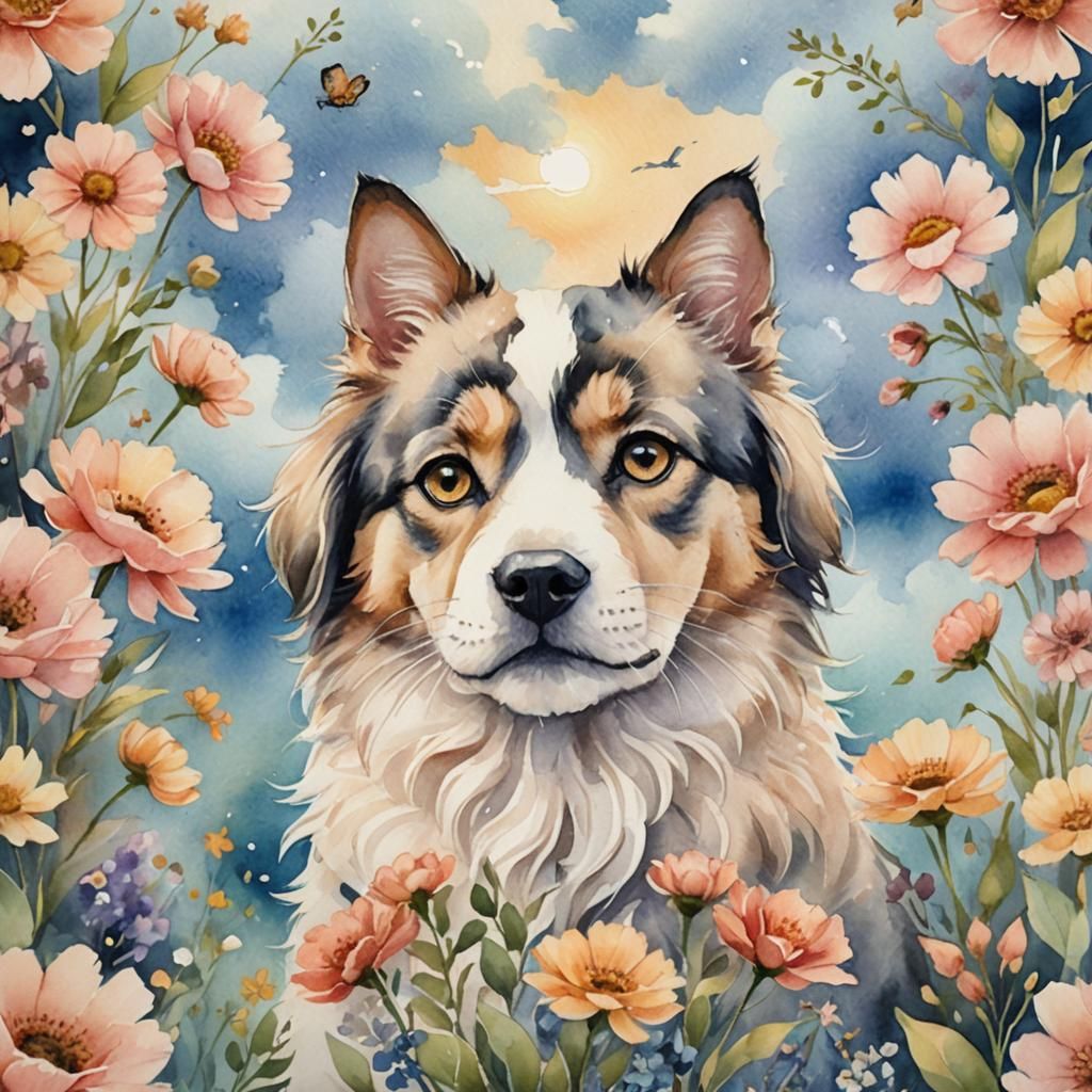 Romantic Watercolor Portrait of Cat and Dog
