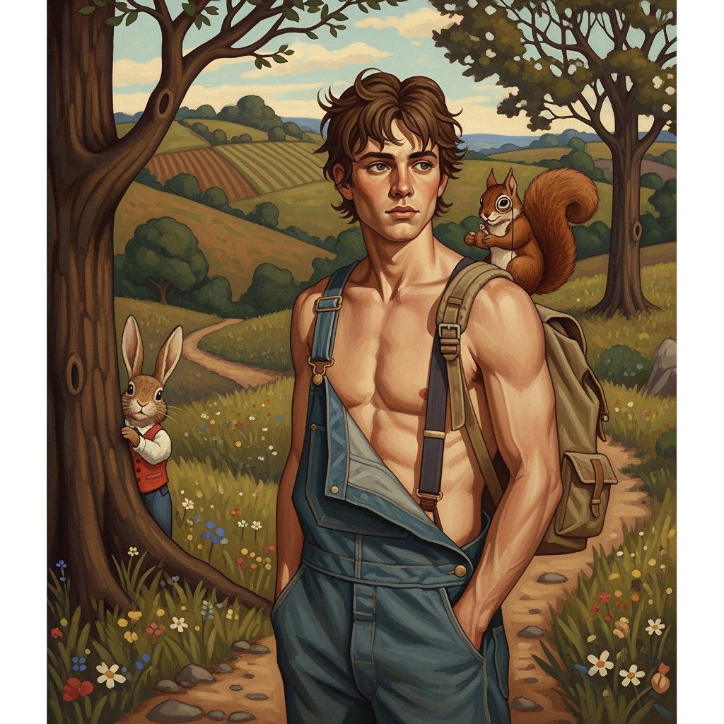 Young Man in Overalls: Folk Art Inspired Rustic Scene