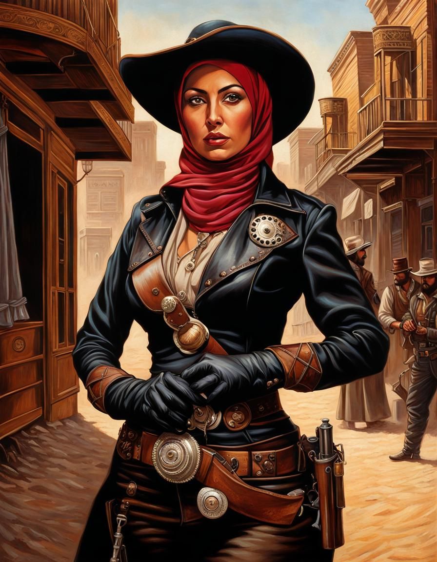 Steampunk Hijabi Gunfighter Portrait on Canvas