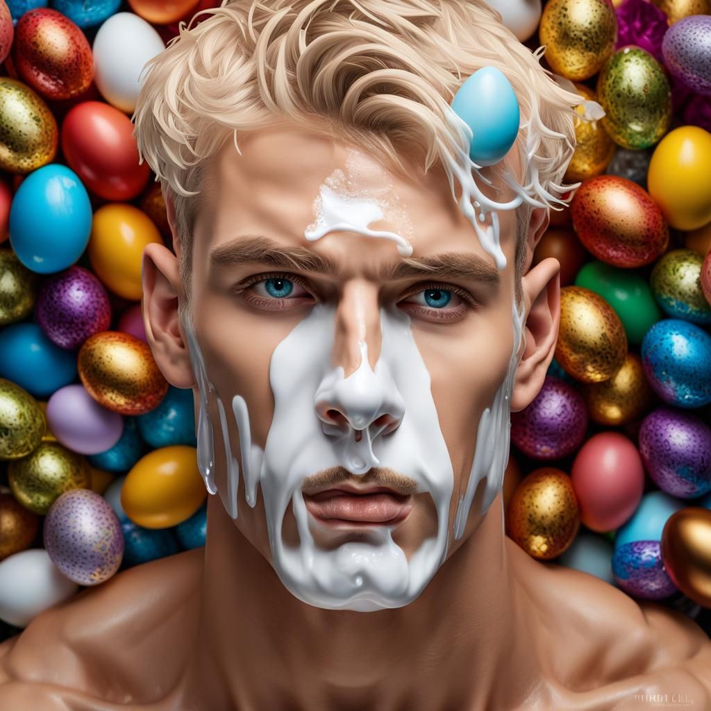 Man's Face Covered in Dripping Cream, Hyperreal