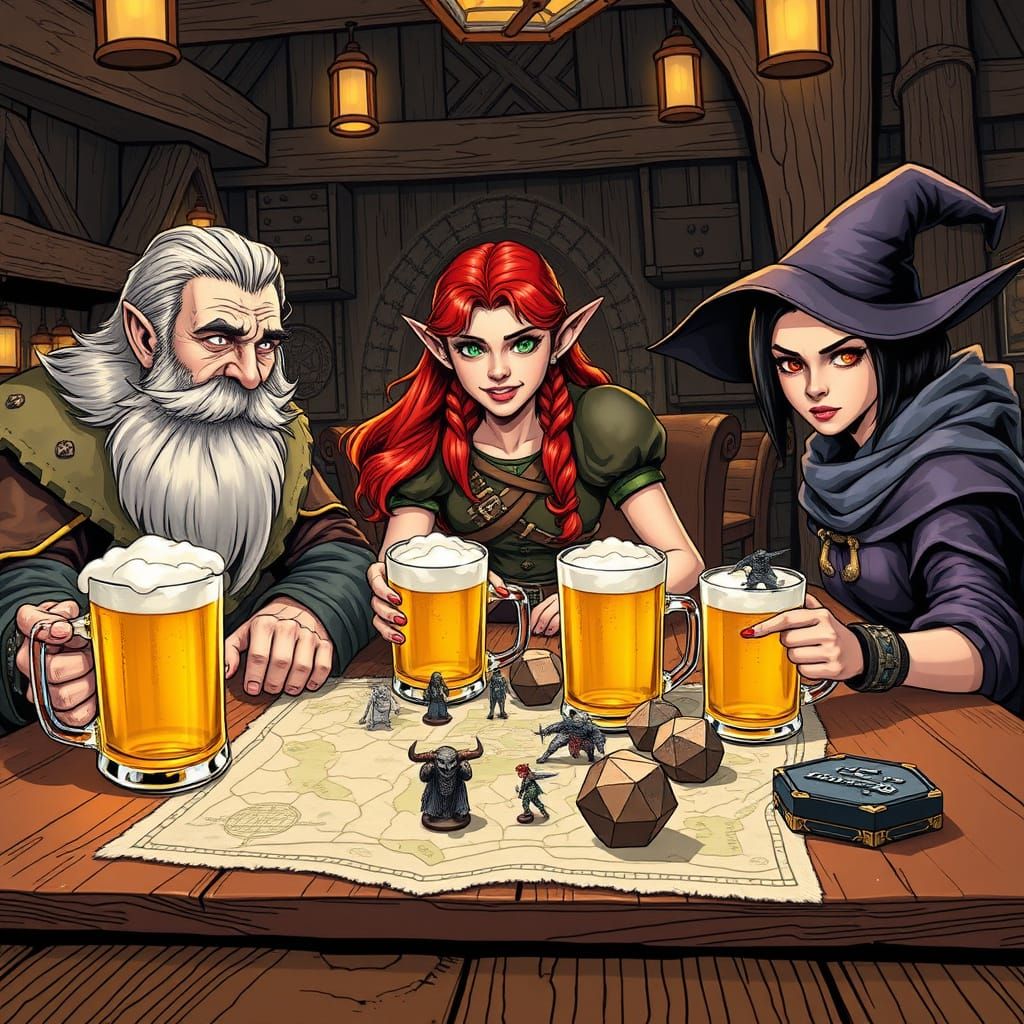 Fantasy Adventurers Enjoy Dungeons and Dragons in a Bustling...