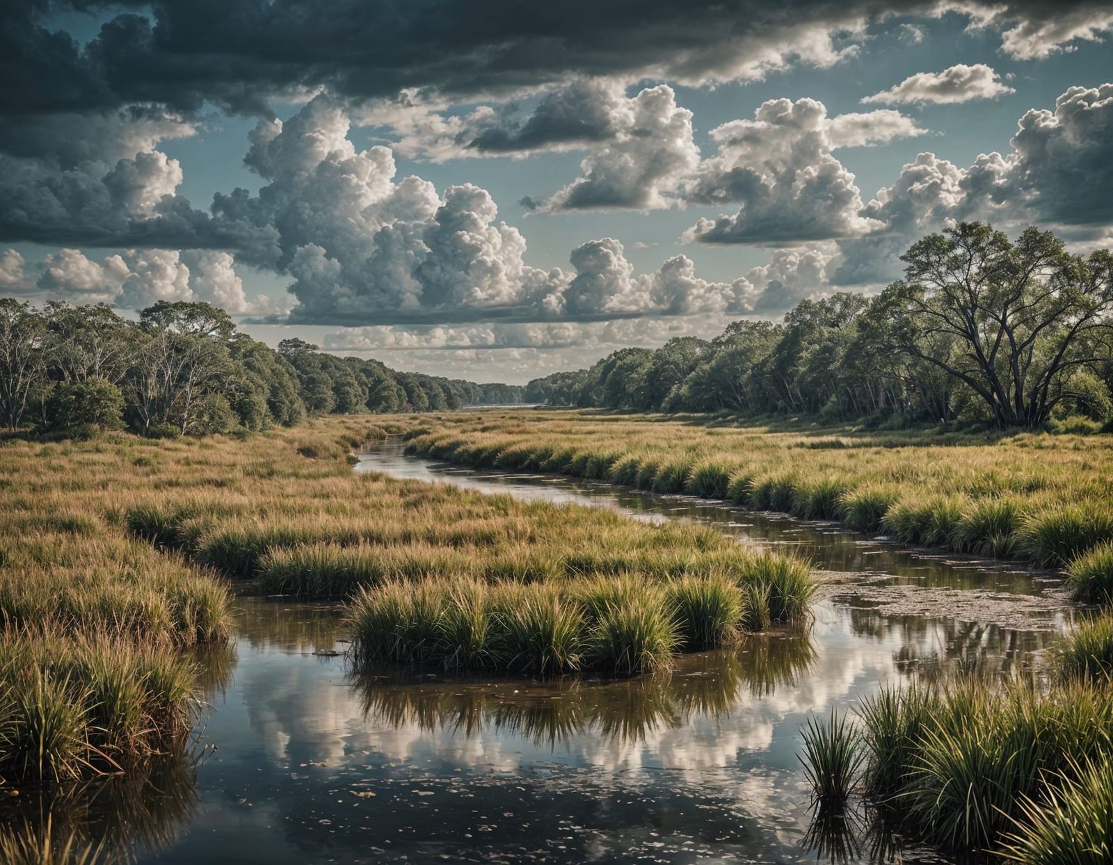 Dramatic Salt Marsh Landscape with Crabs and Palmettos