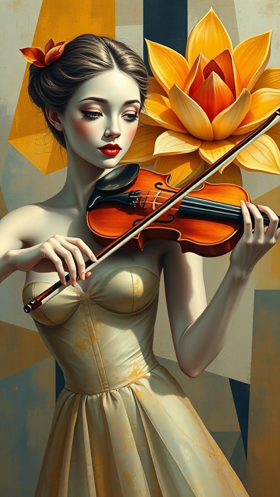 Ethereal Beauty Plays Violin in Dreamlike Landscape