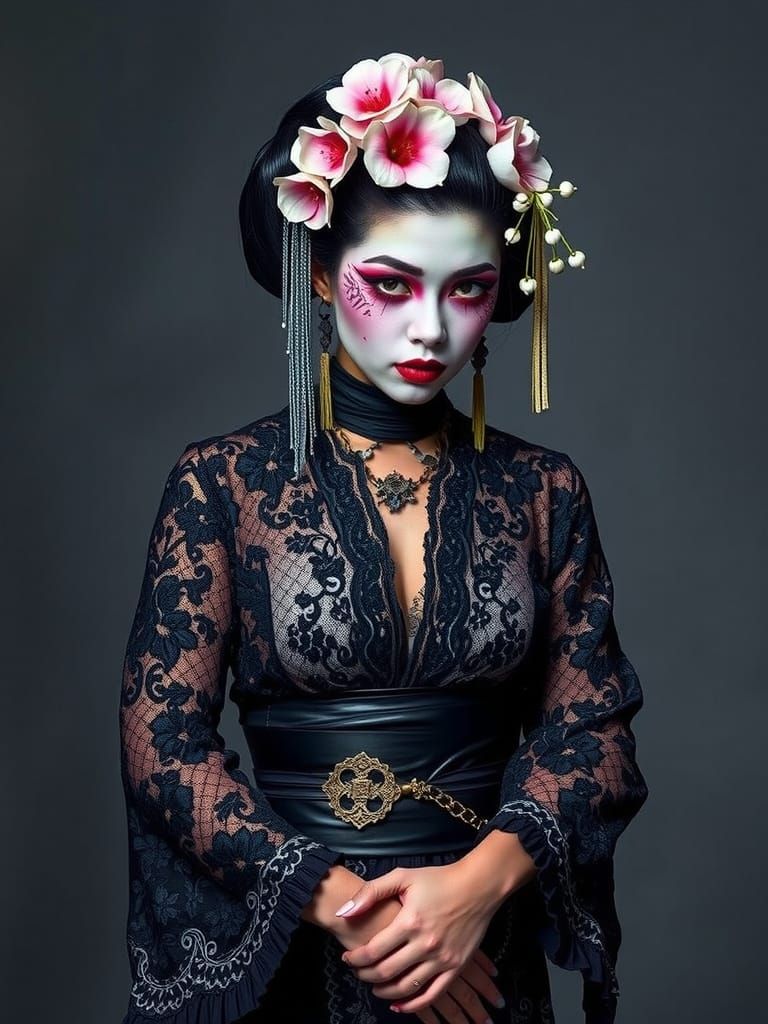 Geisha in Goth-Punk Style with Cherry Blossom Tattoos